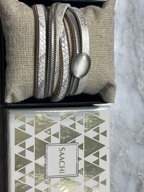 SAACHI Silver Multi-Strap Wrap Bracelet W/ Cabochon Moonstone like Stone